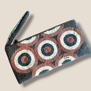Beaded Wristlet Clutch in Black, Brown & White Circles